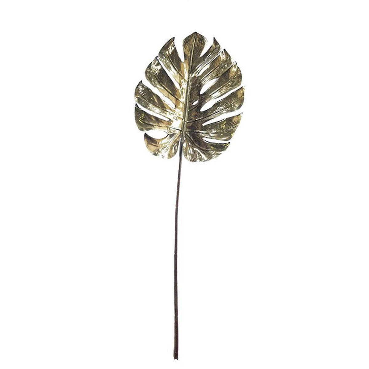 Pewter split philo leaf on its stem, on white