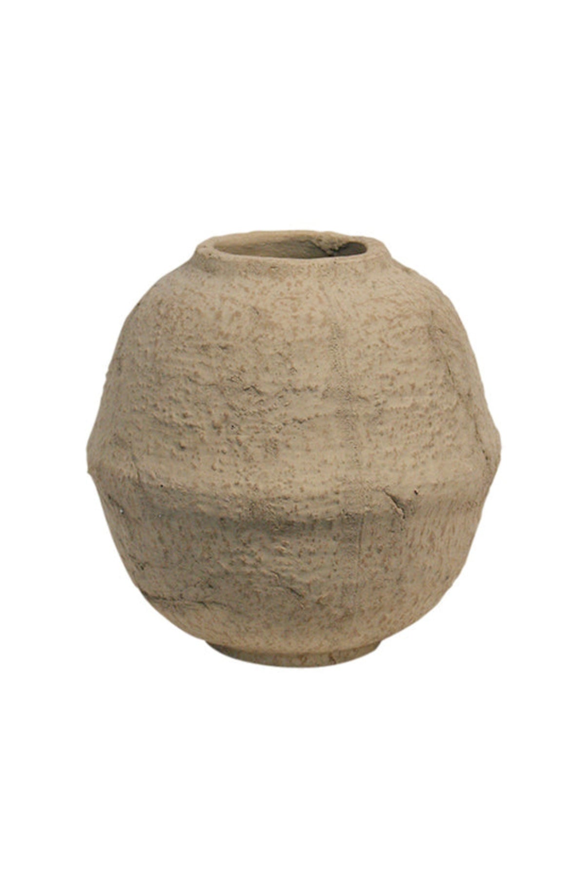 Joni vase in raw sand terracotta with a rounded body and narrow neck, shown alone on white