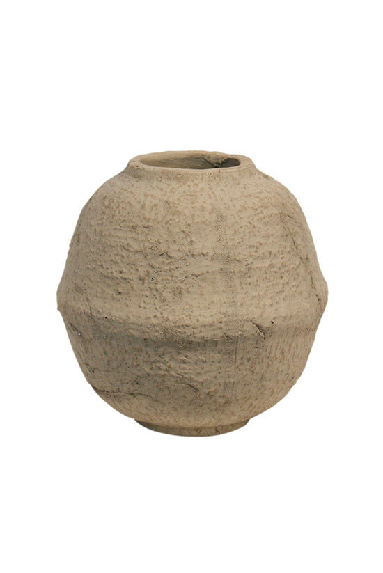 Joni vase in raw sand terracotta with a rounded body and narrow neck, shown alone on white