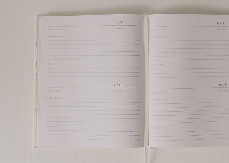 An Olive + Page - Hold The Moments Journal notebook is open on a white surface.
