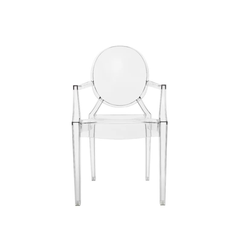 Clear acrylic armchair face on, the oval back and slim tapered legs shown against white