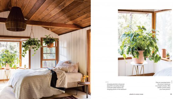 Spread from the book showing a timber ceilinged bedroom and a fern on a stand by a window