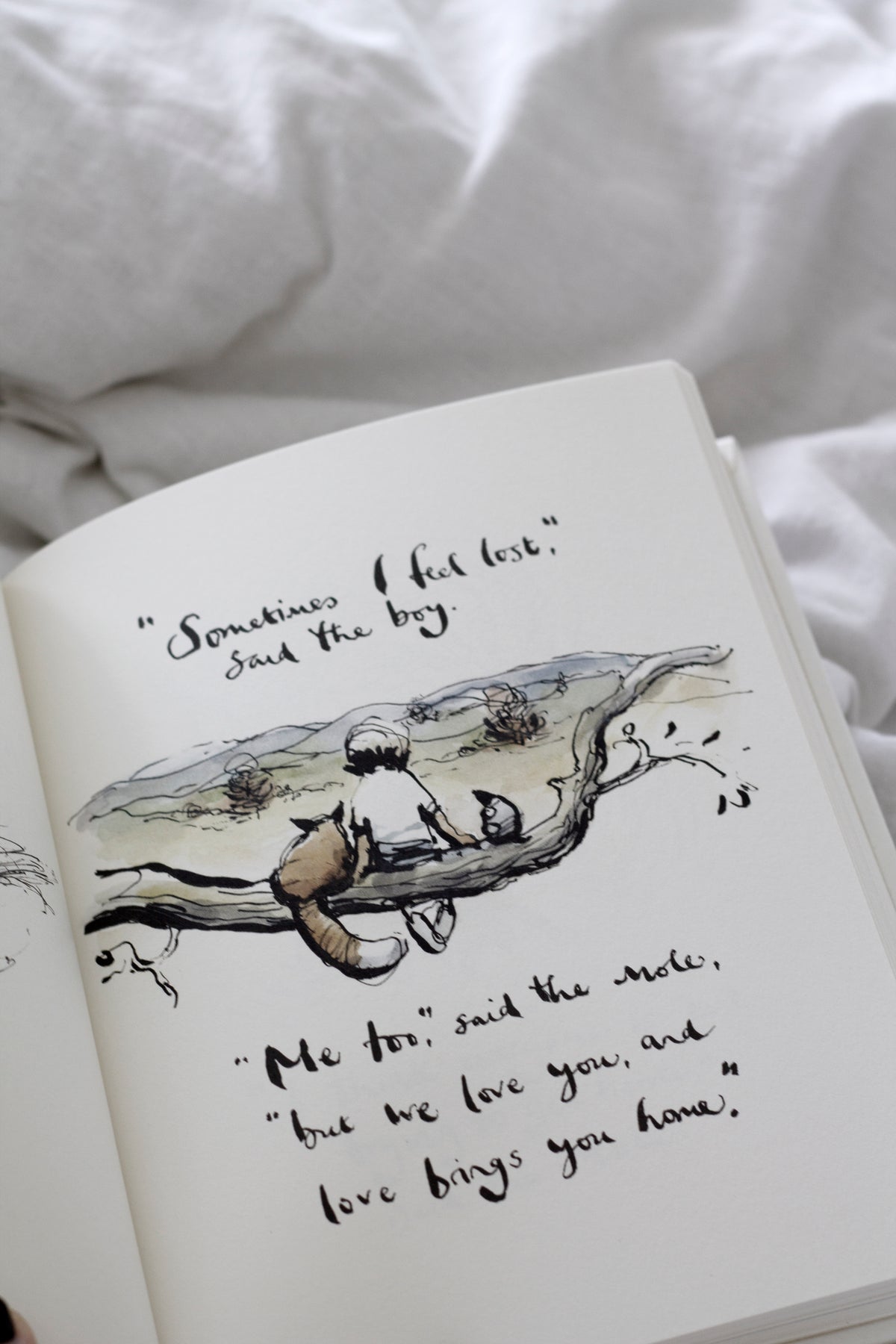 An open Charlie Mackesy | The Boy, The Mole, The Fox and The Horse book with a picture of a dog on a branch.
