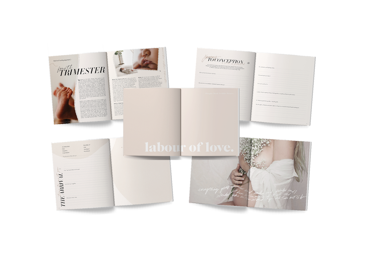 A transformative pregnancy journal capturing the divine journey of a woman holding a bouquet of flowers on a spread of a magazine.
