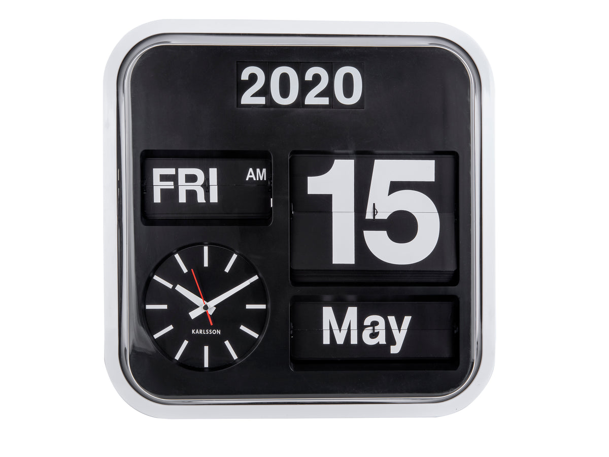 Karlsson Big Flip calendar clock in white, 43cm, analogue face with flip calendar beneath