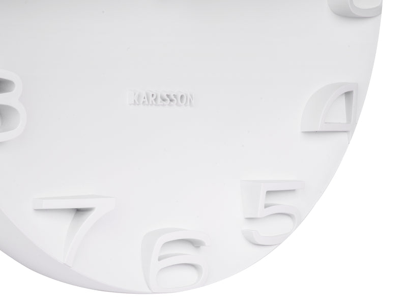 A Karlsson On The Edge Wall Clock - White (42cm) with unique features and numbers on it.