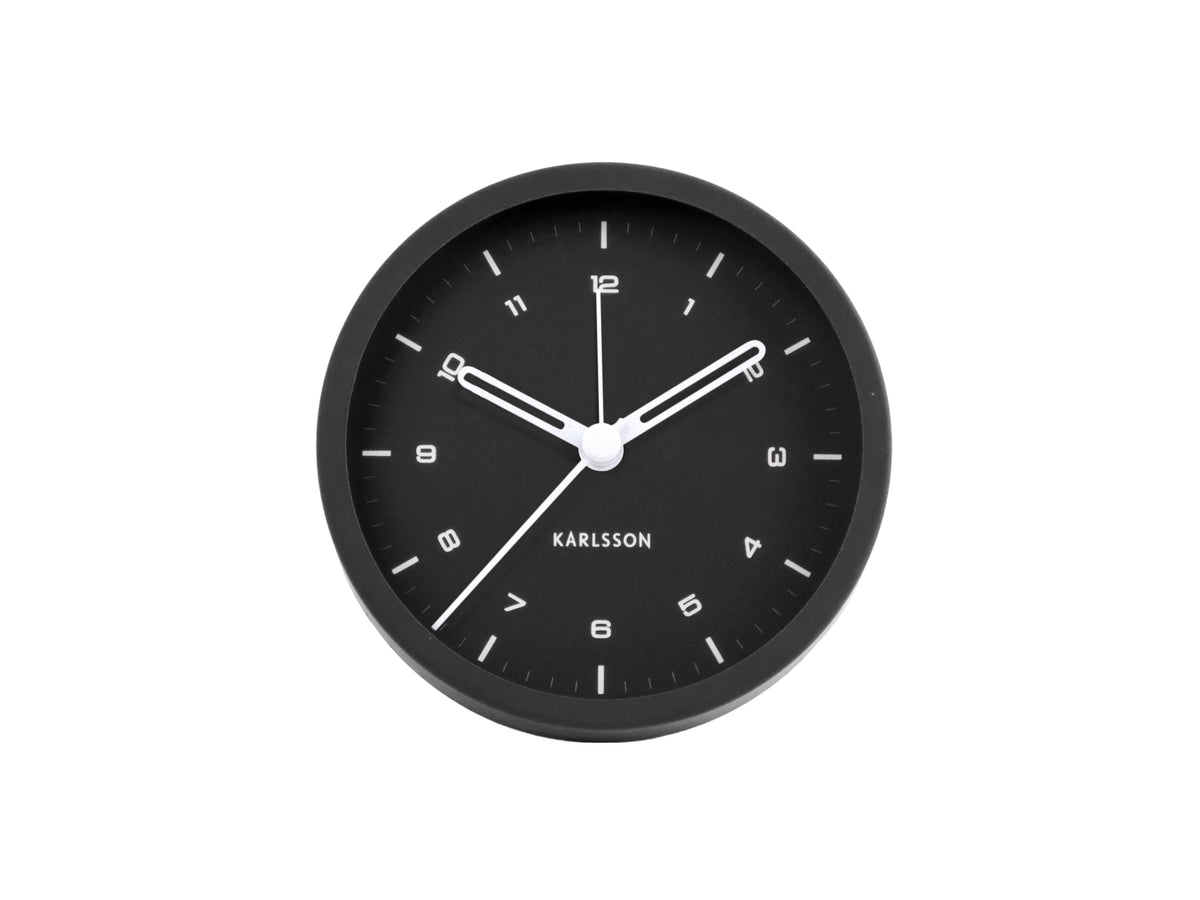 A black Karlsson Tinge Alarm Clock on a white background.