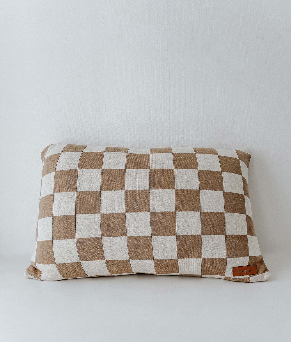 Khaki and cream gingham check pillowcase photographed on its own with the leather Bengali tab