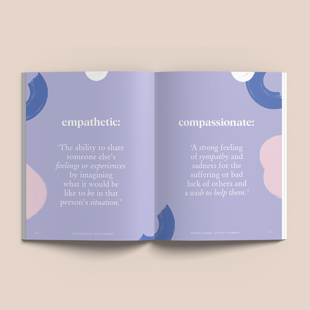 Open spread with quotes on lilac patterned pages