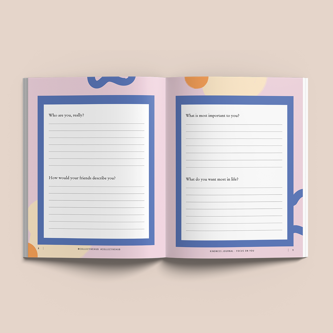 Open spread of lined writing prompts in blue borders