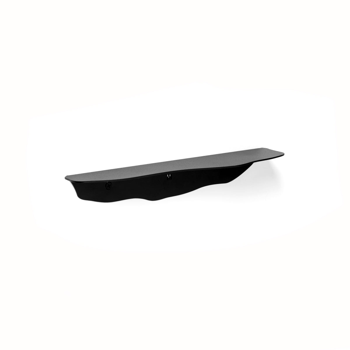 Empty black wavy shelf against a warm cream background, seen straight on from slightly below