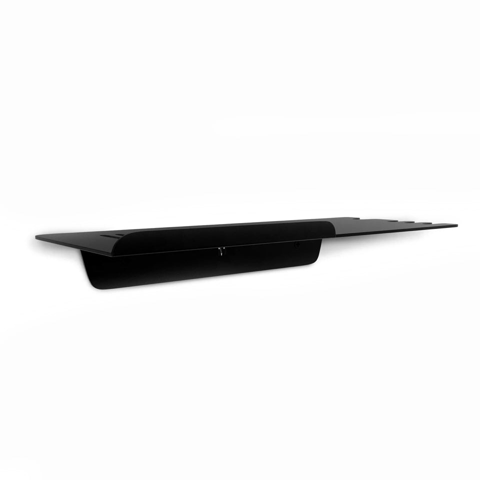 Black FOLD shower shelf, angled view on a white background