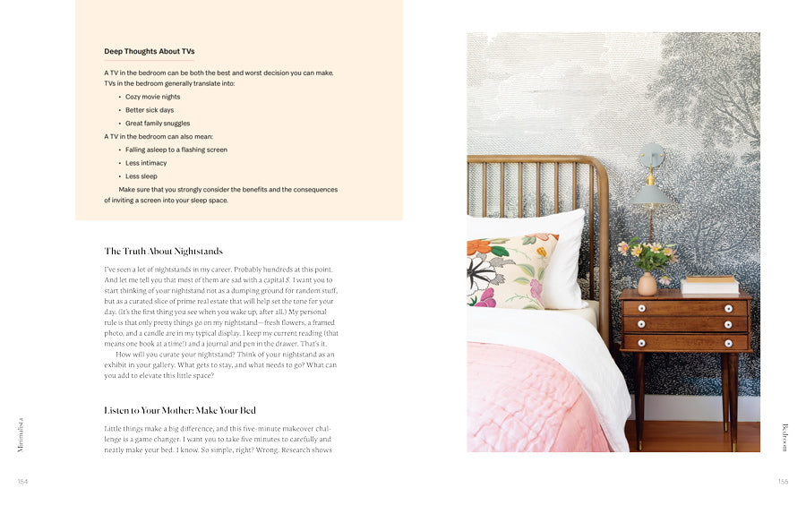 A page from a magazine featuring Minimalista | Your Step By Step Guide to a Better Home, Wardrobe and Life by Books, showcasing a stylishly arranged bed and bedside table, with emphasis on home organization.