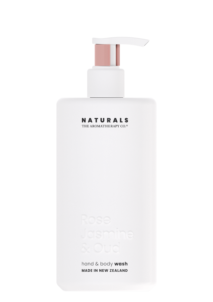 Naturals Rose Jasmine and Oud hand and body wash in a white pump bottle