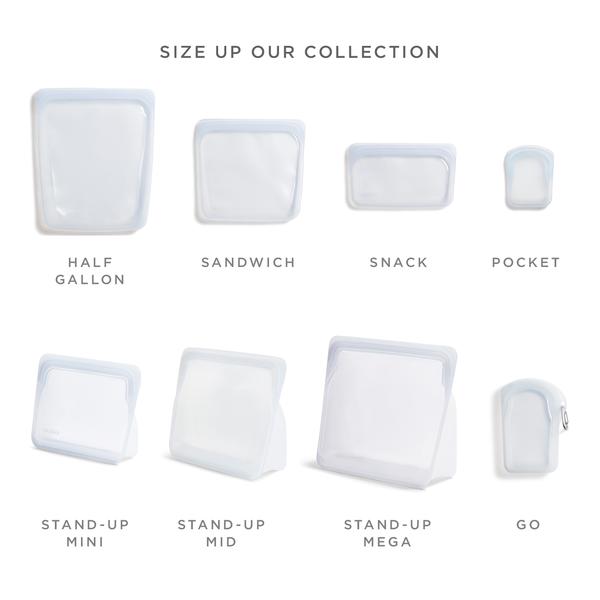 Stasher size chart showing eight bag shapes from Half Gallon to Go, with Snack in the top row