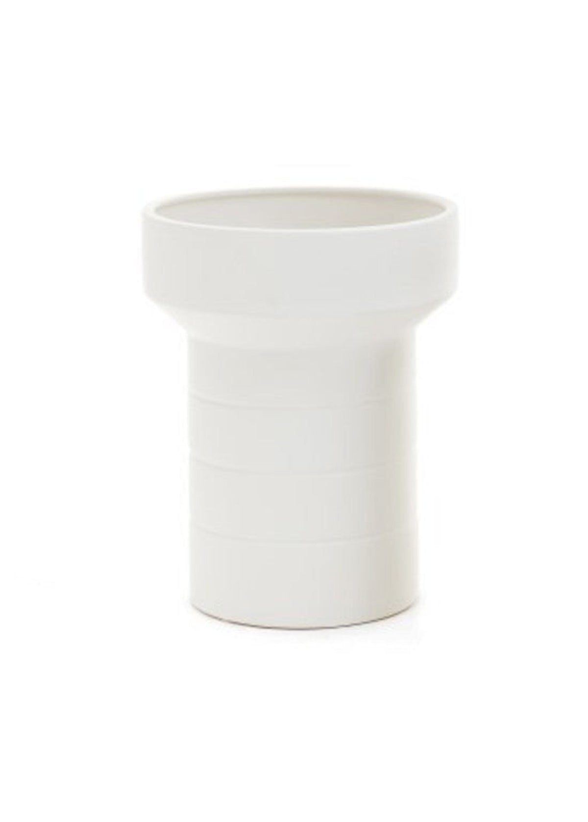 Picardy ceramic vase in white, a wide flared bowl above a banded cylindrical stem, 25.5cm tall