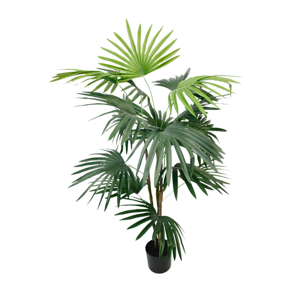 An Artificial Flora Fan Palm Potted 91cm surrounded by greenery on a white background.