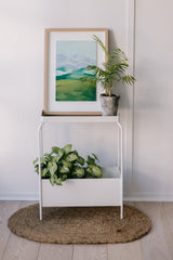 A white Garcia Home planter on a rug next to a powder-coated Metal Planter Stand - Various Options.