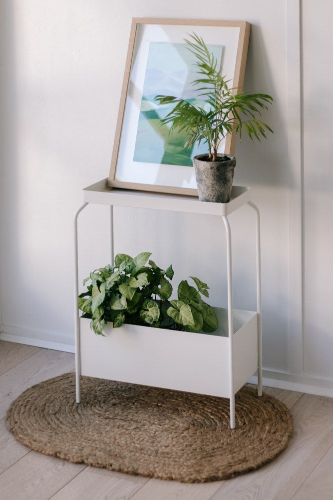 A decorative white plant stand with a plant on a Garcia Home Metal Planter Stand - Various Options.