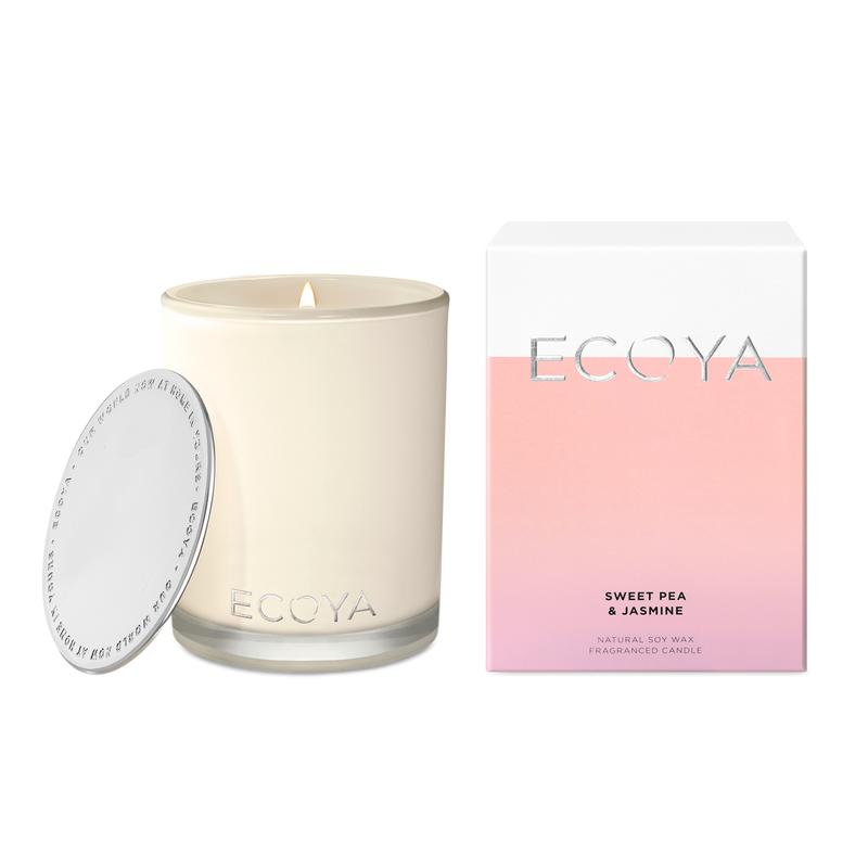 Madison Jar Soy Candle in pink and white, accompanied by a box, offers a fragrant and beautifully designed home fragrance option.