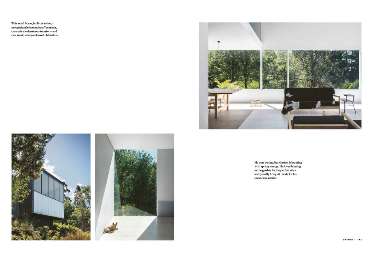 Spread of a house exterior among trees and a bedroom with forest views