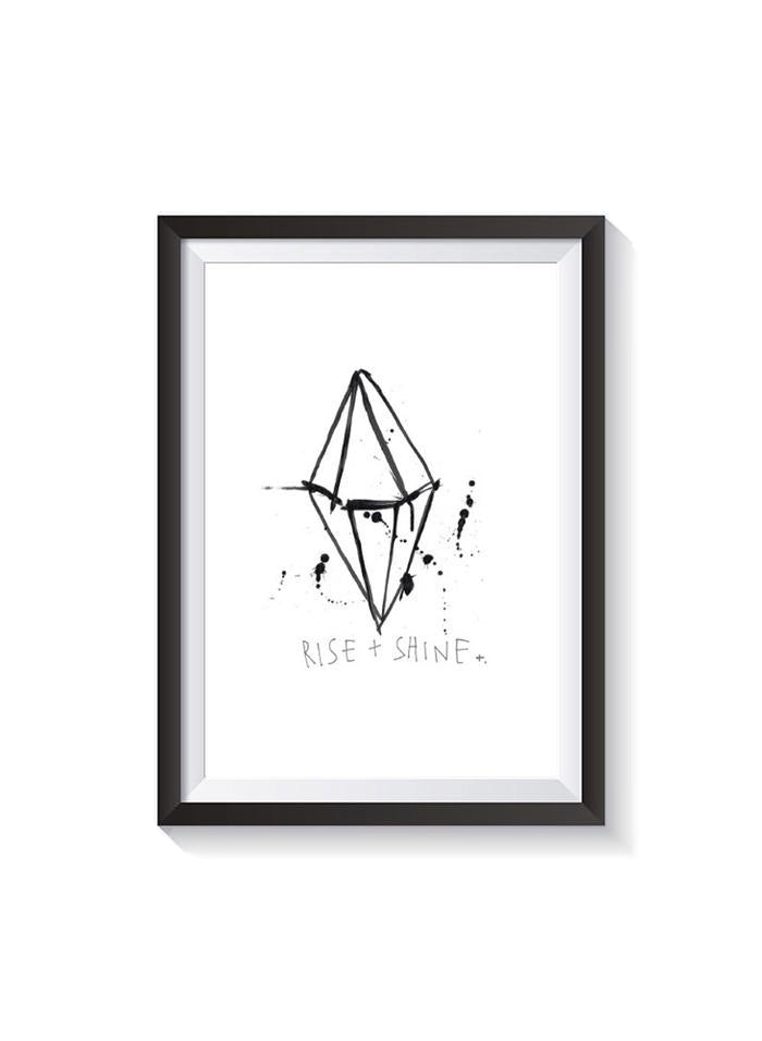 Rise and Shine A3 print by Federation, ink crystal drawing with handwritten text, shown in a black frame
