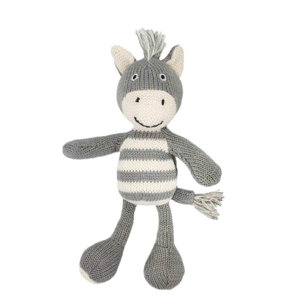 Bowie the zebra knitted rattle in grey and cream stripes, on white