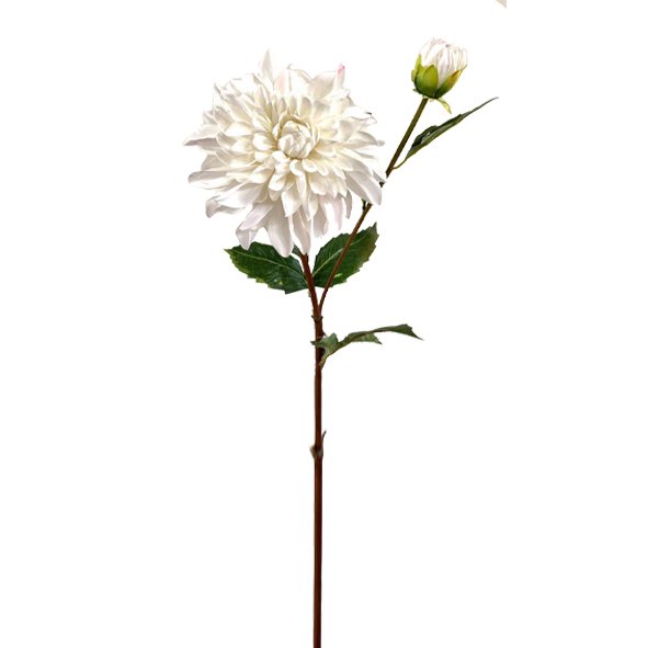 A Grand Border Dahlia - White from Artificial Flora on a stem against a white background with greenery.