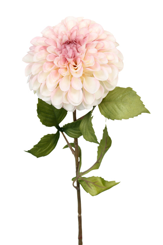 A vibrant Pom Pom Dahlia - Pink flower on a stem, surrounded by greenery, against a white background. (Brand Name: Artificial Flora)