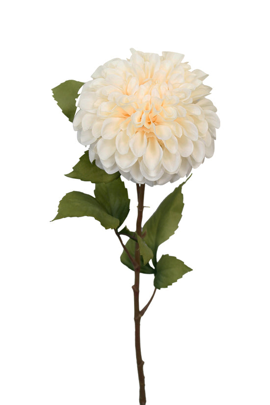 A Pom Pom Dahlia - Cream, a greenery symbol of Artificial Flora artificial plants, on a stem against a white background.