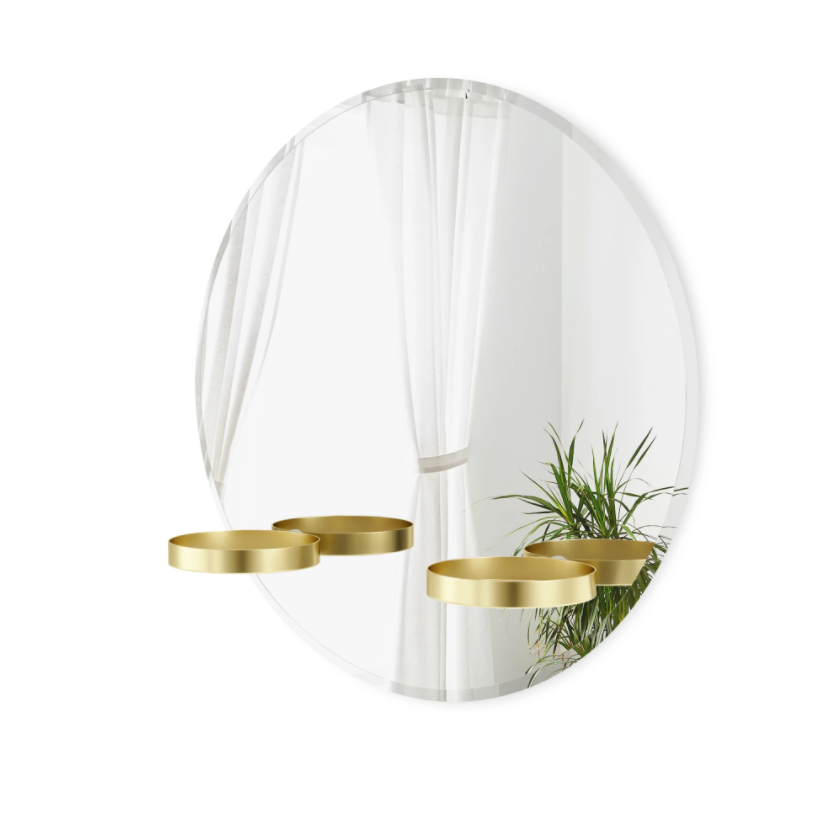 Umbra Perch round mirror with brass shelves for display