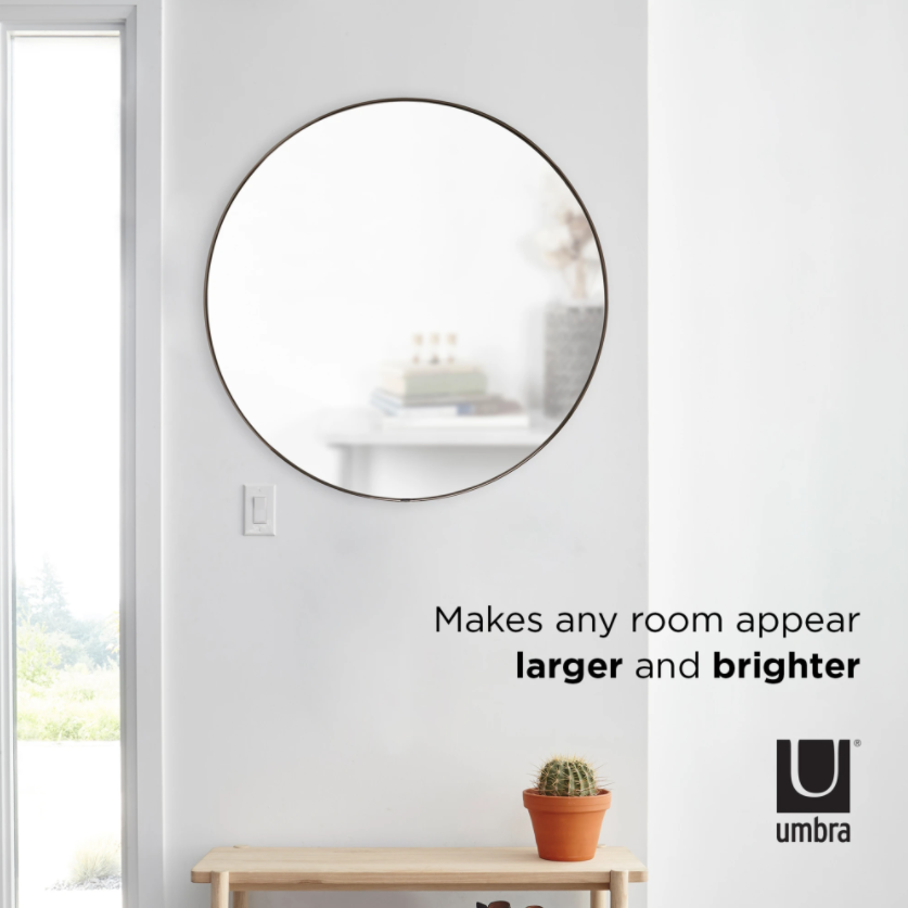 A decorative Umbra HUBBA MIRROR 34 TITANIUM wall mirror in a room with a plant on it.