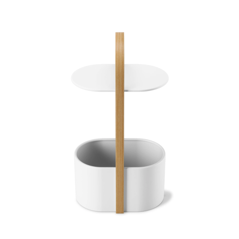 Umbra Bellwood storage table in white and natural, tabletop above the open oval storage bin