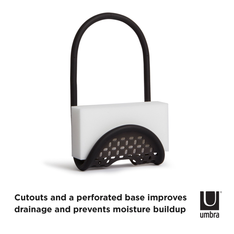 Umbra Sling sink caddy in white and black, showing the perforated base that drains water