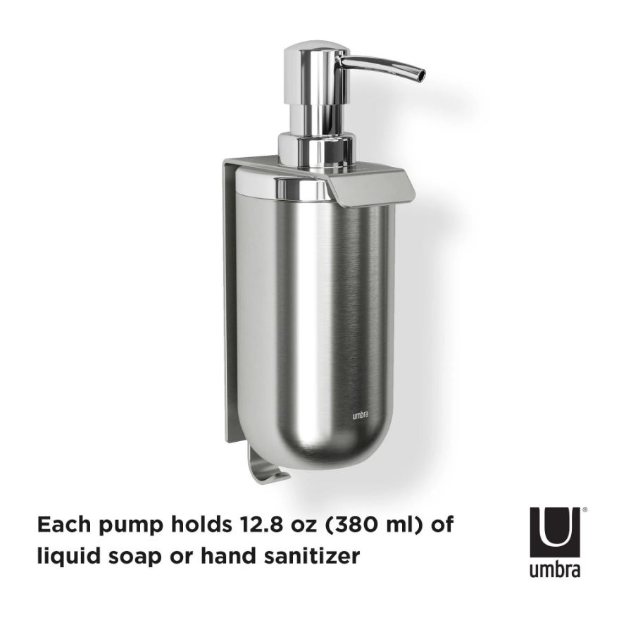 Umbra Junip wall soap pump, each pump holds 380ml of liquid soap or sanitiser