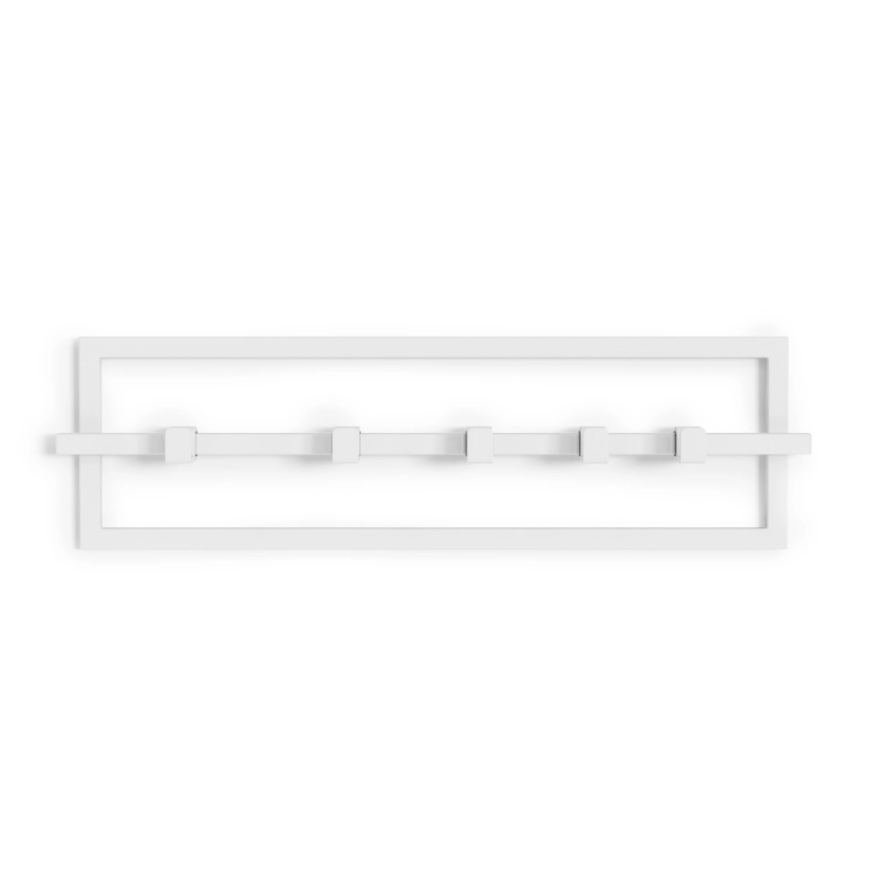 Umbra Cubiko 5 hook wall rack in white, five hooks sliding along a slim steel frame