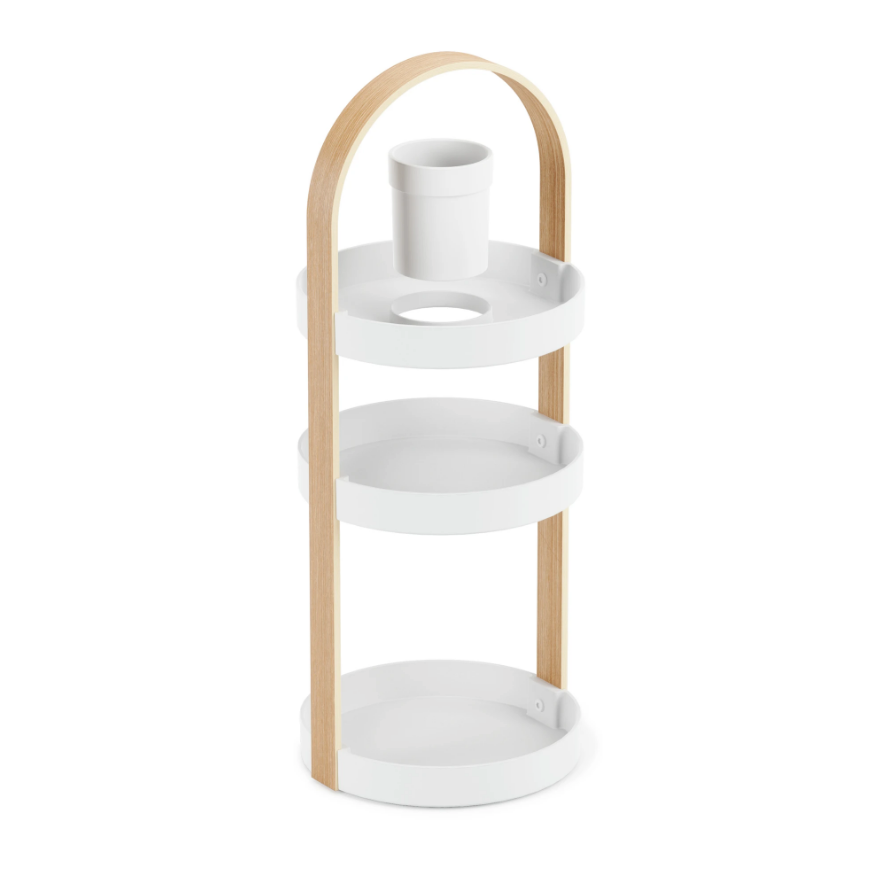 Umbra Bellwood cosmetic organiser in white and beech, three round trays
