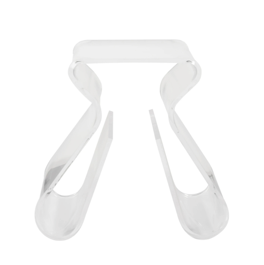 Magino stool side view showing the curved legs and rack opening