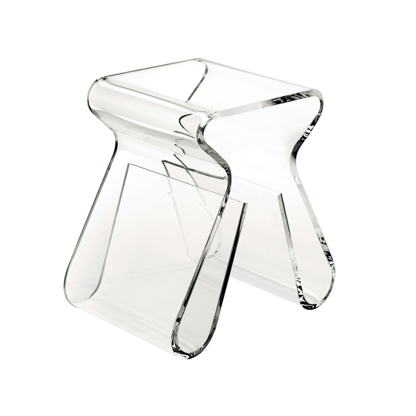 Magino stool in clear acrylic, three-quarter view on white