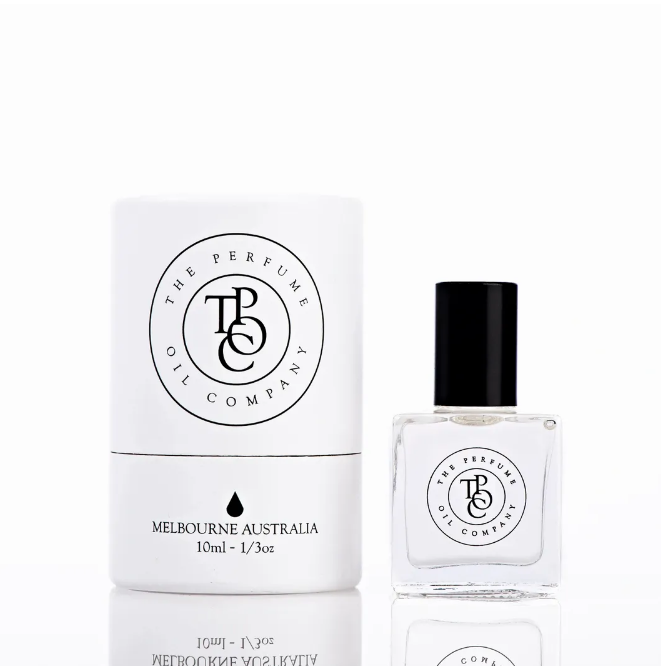 The Perfume Oil Company 10ml roll-on bottle beside its white gift box