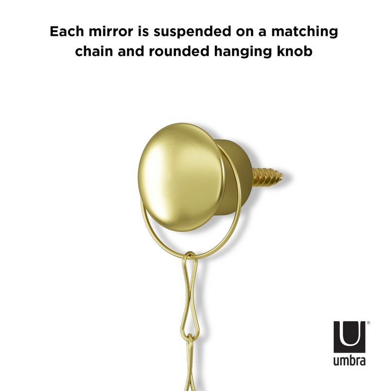 Each DIMA ROUND MIRROR, SET OF THREE is suspended on a customizable chain and Umbra rounded hanging knob.