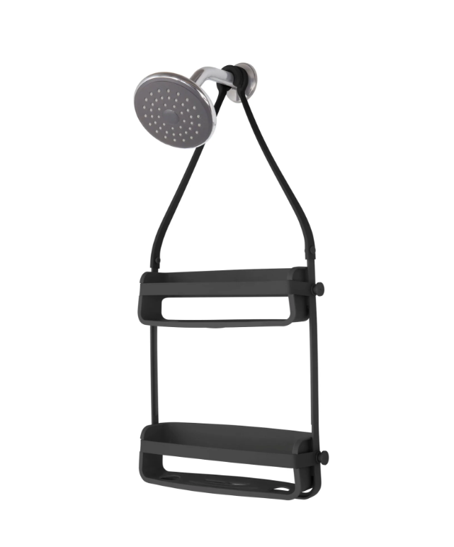 Black Umbra Flex shower caddy hanging from a shower head, on white