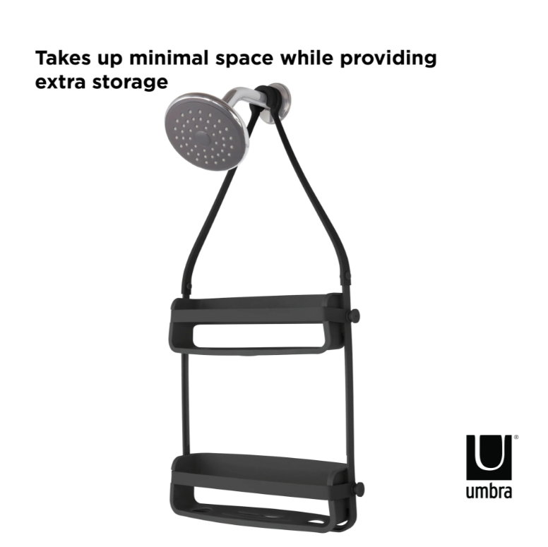 Black Flex shower caddy hanging from a shower head with two empty shelves, on white