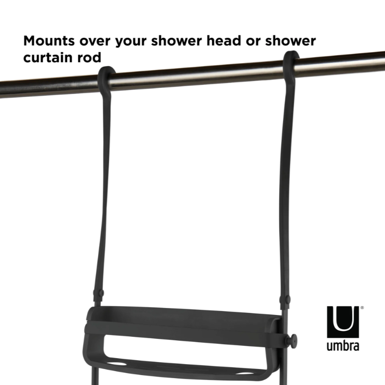 Umbra Flex shower caddy mounted over a shower curtain rod