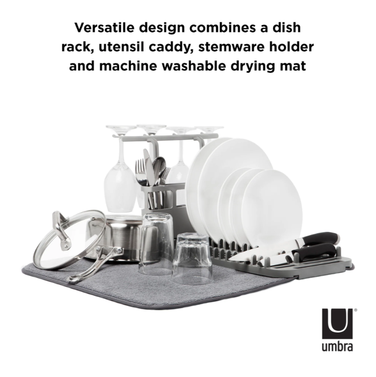 Umbra Udry set combining a dish rack, utensil caddy, stemware holder and drying mat