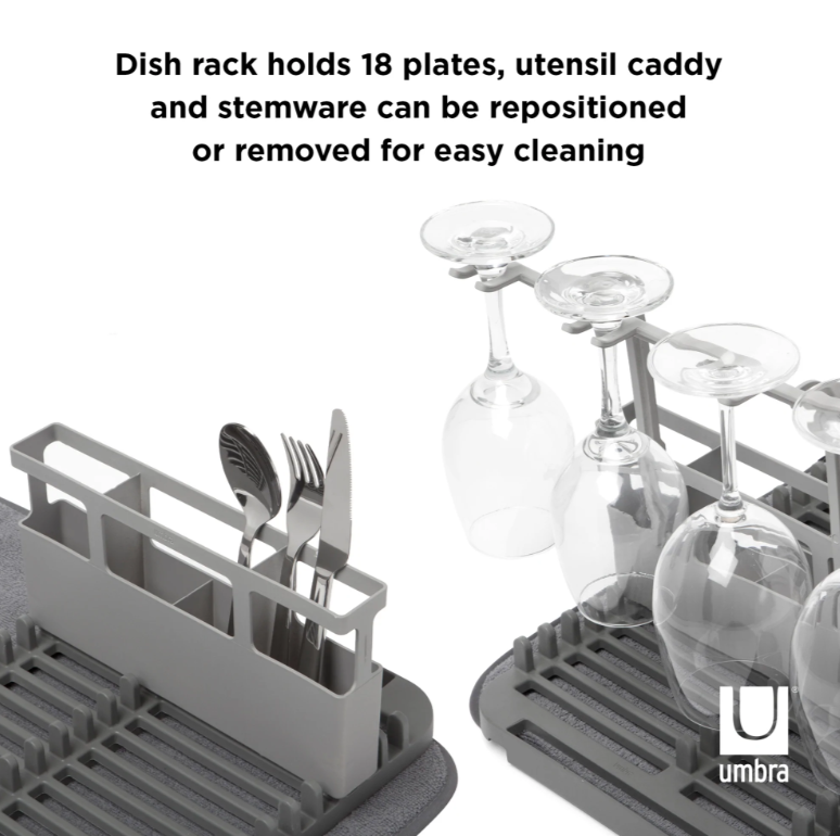 Umbra Udry dish rack holding 18 plates with a removable utensil caddy and stemware holder