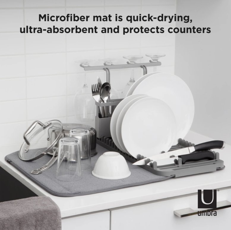 Umbra Udry mat on a benchtop holding plates and glasses, quick-drying and absorbent