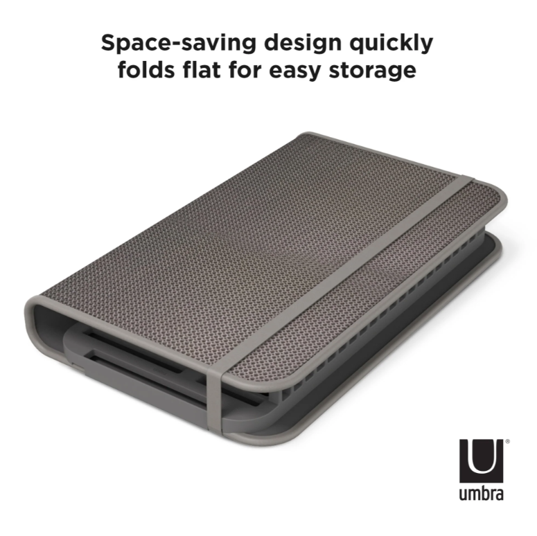 Umbra Udry dish rack folded flat inside its drying mat for storage