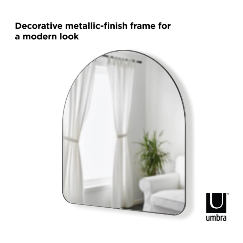 Umbra Hubba arched mirror in titanium with a decorative metallic-finish frame