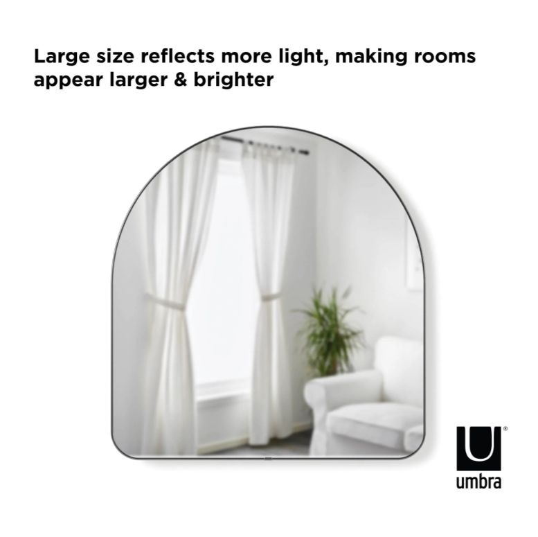Umbra Hubba arched mirror in titanium, large size that reflects more light